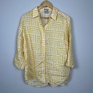 Chico's No-Iron Linen Yellow White Geometric Button Up Shirt Size 3 (US 16/18)